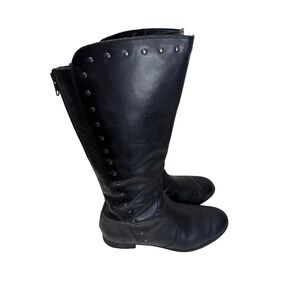 Born D74303 Tall Leather Boots Women 9.5 Black Studded Rear Zip Moto Knee High